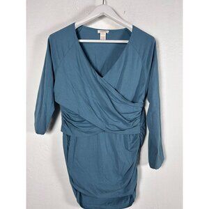 Sundance Women Blue Wrap-Style Ruched Long-Sleeve Tunic Top Blouse Large Stretch
